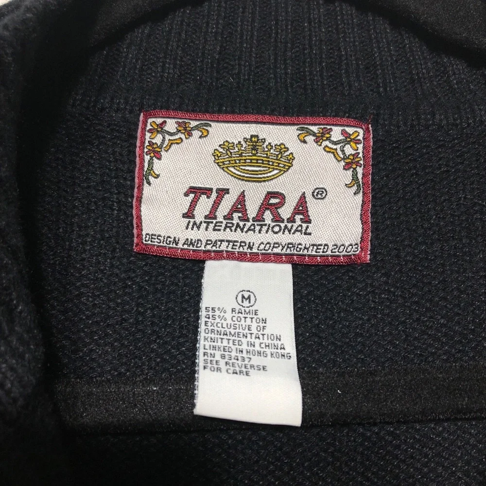 Tiara Embroidered Zip Cardigan Leaf Design Black Size M - Picture 5 of 7